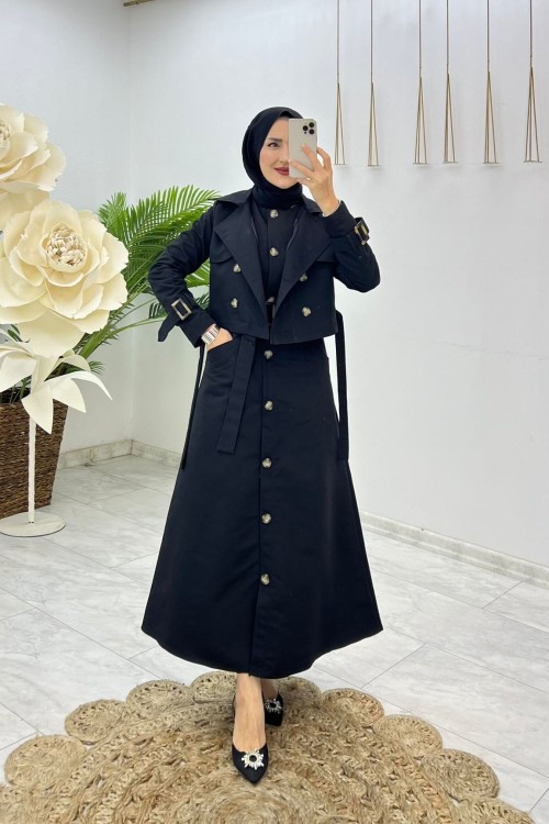 Siyah Astarlı Almira Trench Takım Tesettür Giyim Siyah