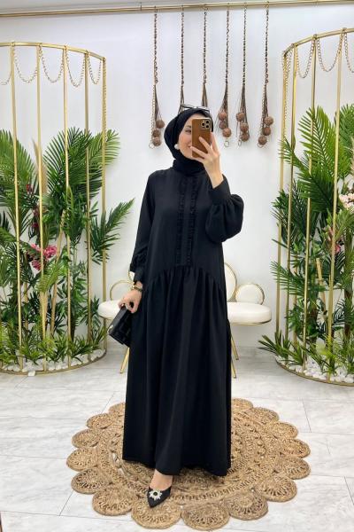 Siyah Avşar Keten Elbise Tesettür Giyim Siyah