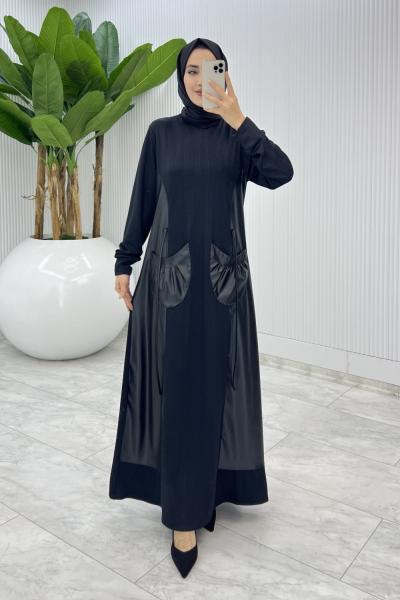 Siyah Aysa Deri Cepli Elbise Tesettür Giyim  Siyah
