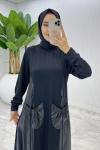 Siyah Asya Deri Cepli Elbise Tesettür Giyim  Siyah
