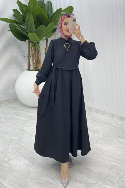 Siyah Bağlamalı Elbise Tesettür Giyim  Siyah