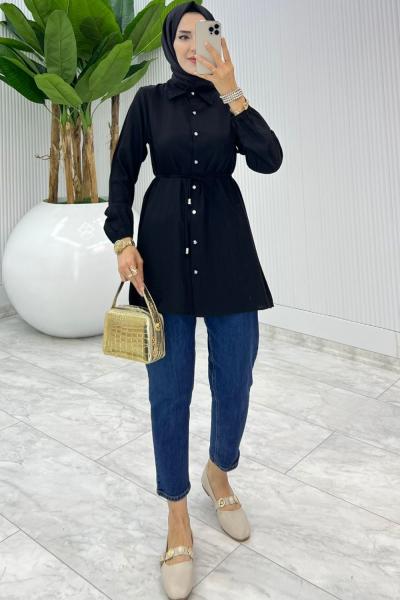 Siyah Bağcıklı Gömlek Tesettür Giyim Siyah