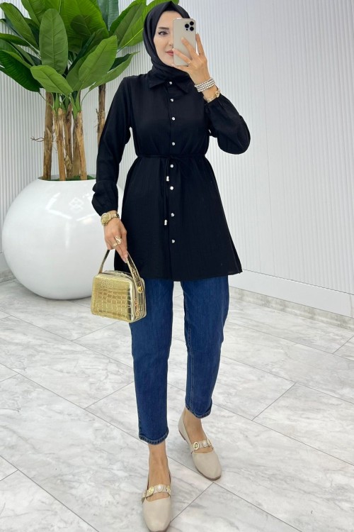 Siyah Bağcıklı Gömlek Tesettür Giyim Siyah