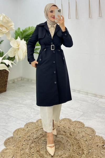 Siyah Buğlem Trench Tesettür Giyim  Siyah