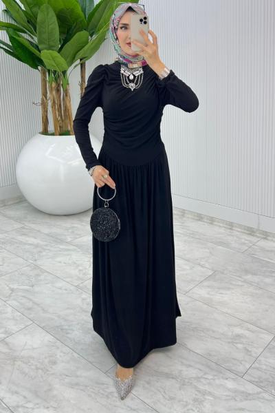 Siyah Büzgü Sendi Elbise Tesettür Giyim Siyah