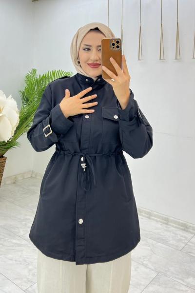 Siyah Canan Astarlı Trench Tesettür Giyim Siyah