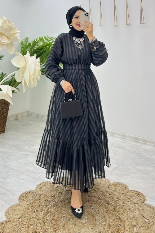 Siyah Cemre Elbise Tesettür Giyim Siyah
