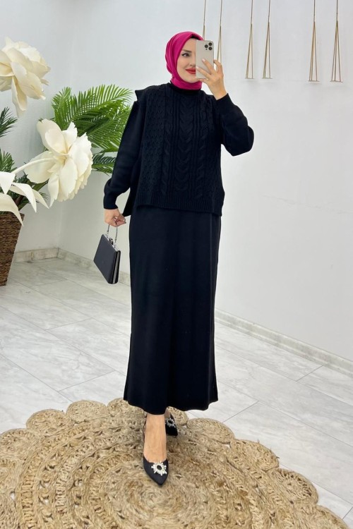 Siyah Damla Triko Elbise Takım Tesettür Giyim  Siyah