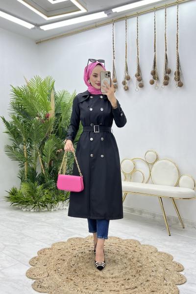 Siyah Dubai Trench Tesettür Giyim Siyah
