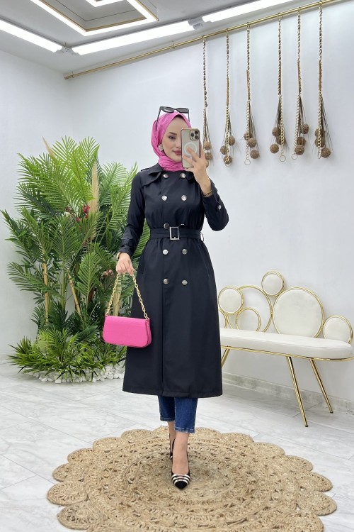 Siyah Dubai Trench Tesettür Giyim Siyah