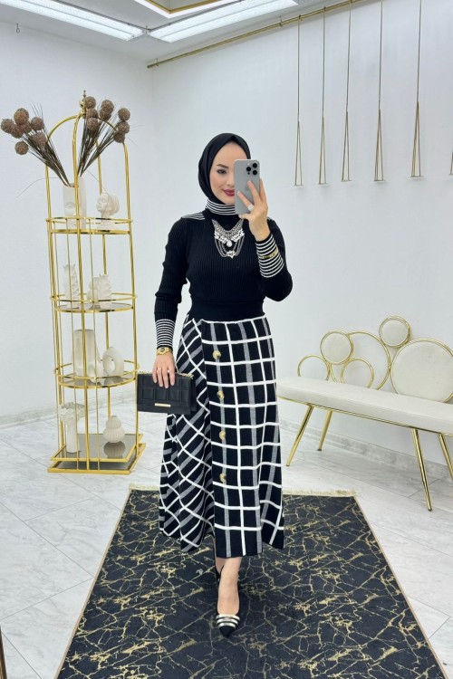 Siyah Ekose Triko Takım Tesettür Giyim  Siyah