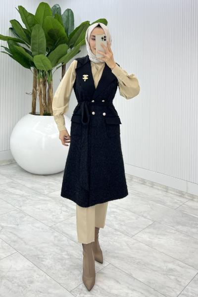 Siyah Fidan Channel Yelek Broş Hediyeli  Siyah