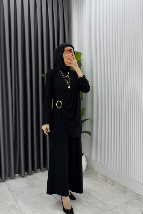 Siyah Figen Pantolon Takım Tesettür Giyim  Siyah
