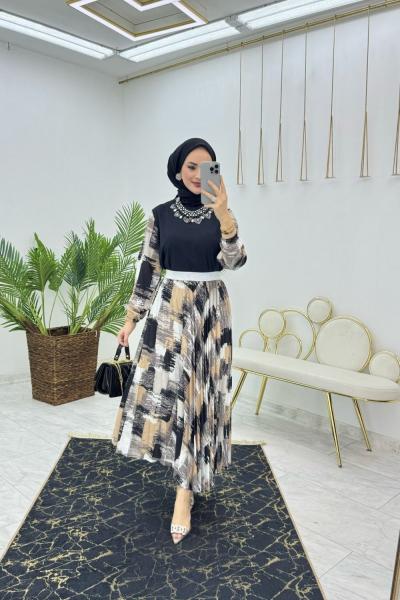 Siyah Fırça Desen Takım Tesettür Giyim Siyah