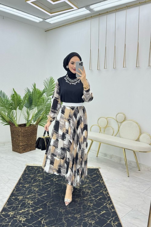 Siyah Fırça Desen Takım Tesettür Giyim Siyah