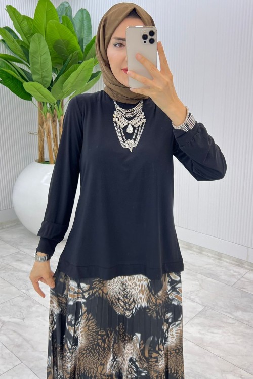 Siyah Gökyüzü Etek Takım Tesettür Giyim Siyah