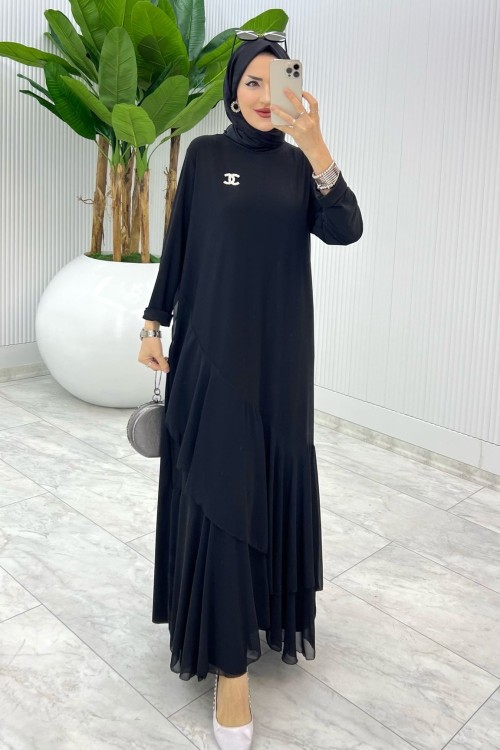 Siyah Broşlu Gülşah Elbise Tesettür Giyim Siyah