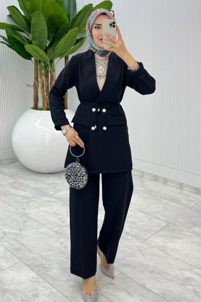 Siyah Hande Ceket Takım Tesettür Giyim Siyah