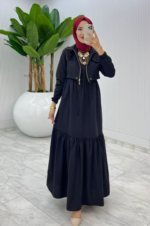 Siyah Hicran Elbise Takım Tesettür Elbise  Siyah