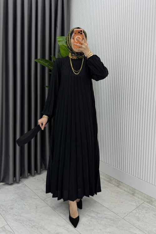 Siyah Hifa Piliseli Elbise Tesettür Giyim  Siyah