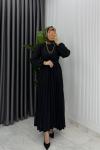 Siyah Hifa Piliseli Elbise Tesettür Giyim  Siyah