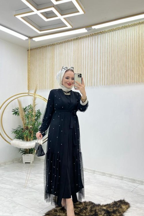 Siyah İncili Abaya Takım Tesettür Giyim  Siyah Kemik