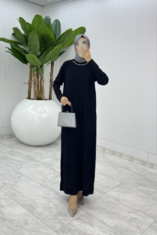 Siyah İzel Triko Elbise Tesettür Giyim  Siyah