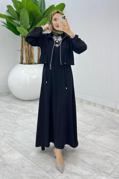 Siyah Jale Elbise Takım Tesettür Giyim Siyah