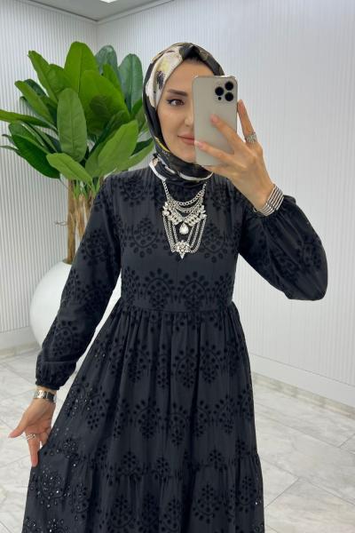 Siyah Jasmin Brode Elbise Tesettür Giyim Siyah