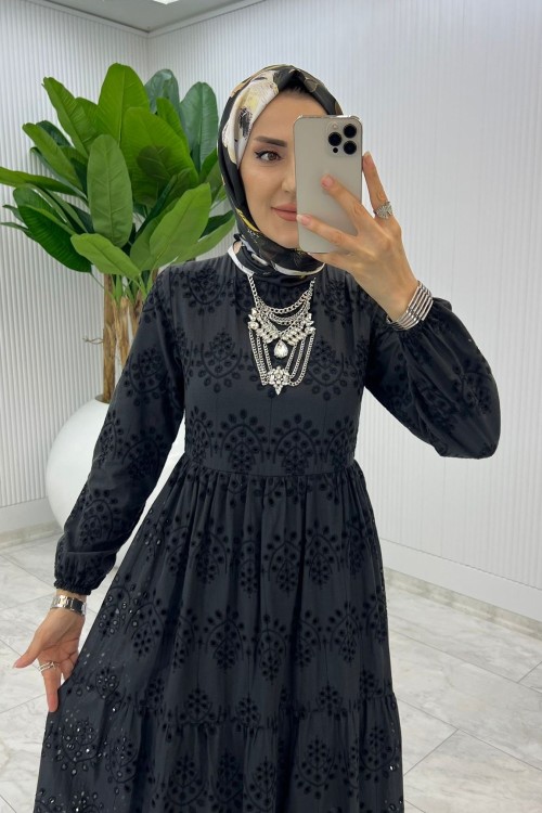 Siyah Jasmin Brode Elbise Tesettür Giyim Siyah