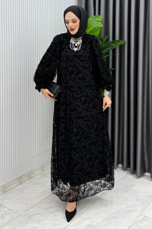 Siyah Lale Elbise Tesettür Giyim  Siyah