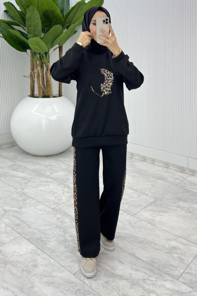 Siyah Leoparlı Scuba Takım Tesettür Giyim  Siyah