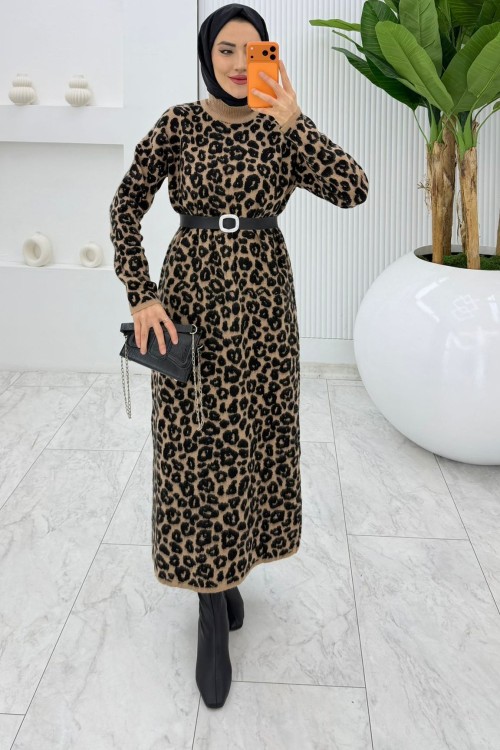 Siyah Leopar Yün Efekt Tiko Elbise Tesettür Giyim   Siyah