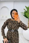 Siyah Leopar Yün Efekt Tiko Elbise Tesettür Giyim   Siyah