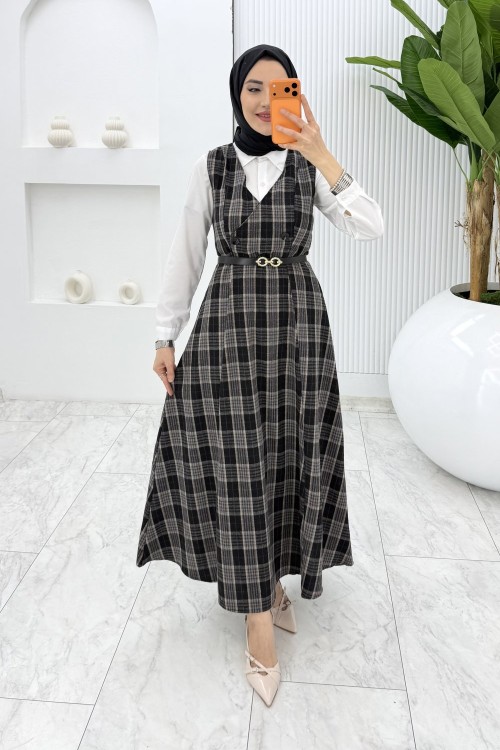 Siyah Leyla Ekose Jile Tesettür Giyim  Siyah