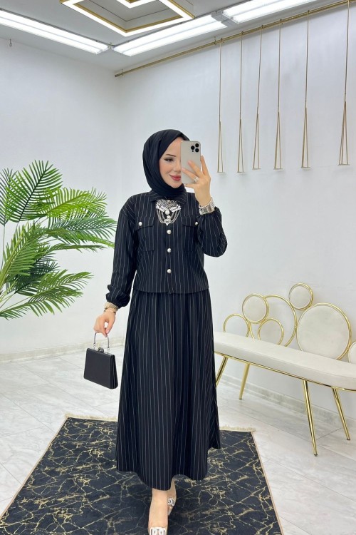 Siyah Matmazel Etek Takım Tesettür Giyim Siyah