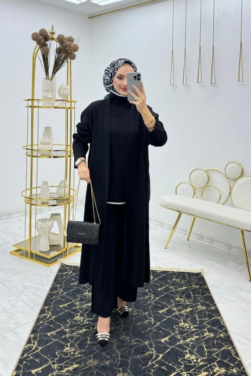 Siyah Mavera Triko Takım Tesettür Giyim Siyah