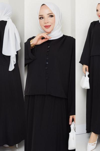 Siyah Modadüğme Elbise Takım Tesettür Giyim Anadolu Siyahı