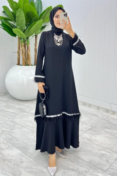 Siyah Mosso Abiye Elbise Tesettür Giyim Siyah