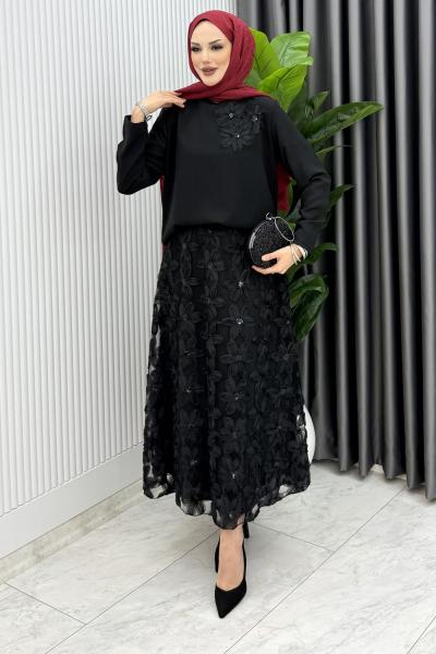 Siyah Orkide Etek Takım Tesettür Giyim  Siyah