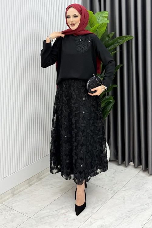 Siyah Orkide Etek Takım Tesettür Giyim  Siyah