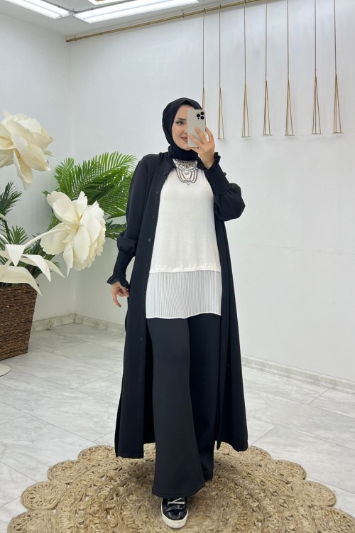 Siyah Premıum Scuba Naz Takım Tesettür Giyim Siyah