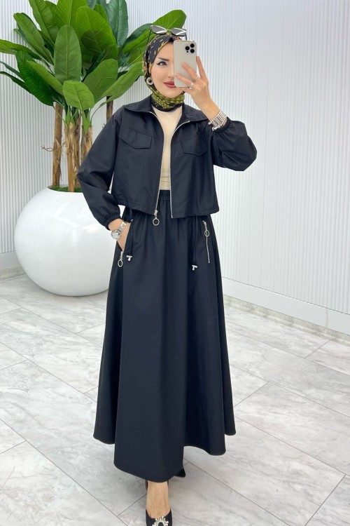 Siyah Premium Nefis Etek Takım Tesettür Giyim Siyah