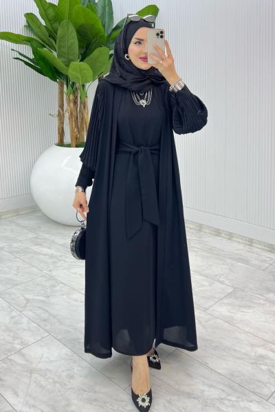 Siyah Premium Melek Abaya Takım Tesettür Giyim Siyah