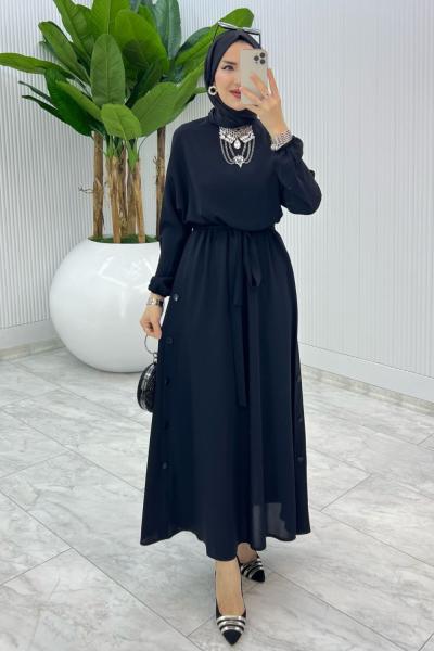 Siyah Premium Düğmeli Elbise Tesettür Giyim Siyah