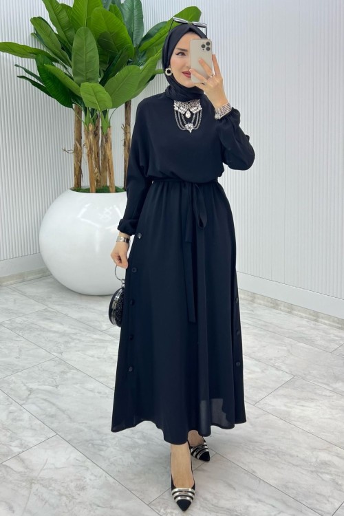 Siyah Premium Düğmeli Elbise Tesettür Giyim Siyah