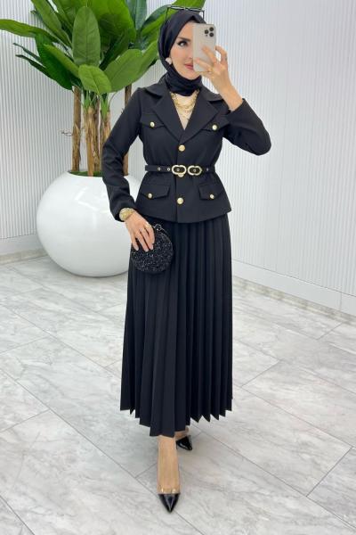Siyah Premıum Hülya Etek Takım Tesettür Giyim Siyah