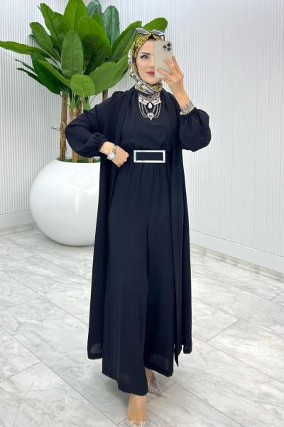 Siyah Premium Silva Tulumlu Abaya Takım Tesettür Giyim Siyah
