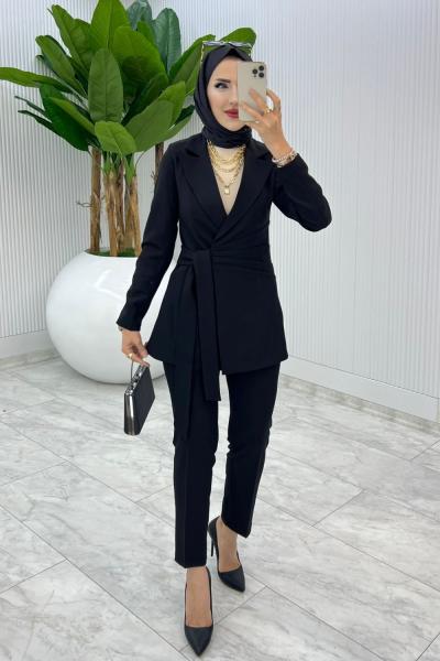 Siyah Premium Astarlı Klas Takım Tesettür Giyim Siyah