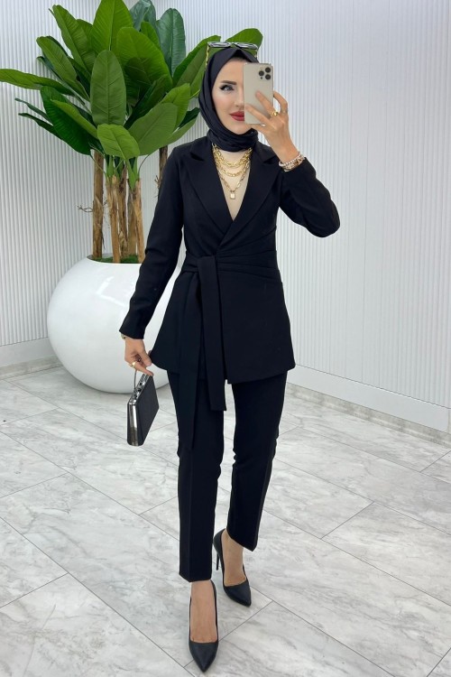 Siyah Premium Astarlı Klas Takım Tesettür Giyim Siyah